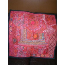 LARGE INDIAN RED AND PINK PATCHWORK TAPESTRY 'KHAMBARIA ZARI'  CUSHION COVER   392102555816